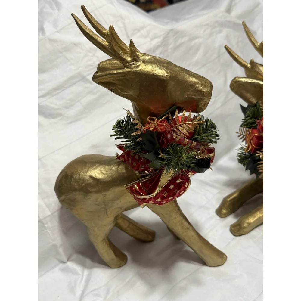 Pair Of Papier Mache Gold Deer Christmas Decorations Reindeer Figurines Holiday - Picture 3 of 7